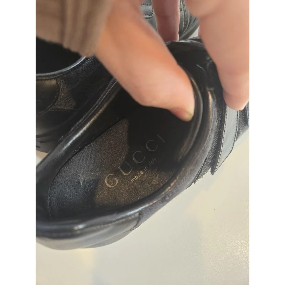 Gucci Shoes Mens Size 7.5 Black Strap Leather Canvas Logo Made In Italy